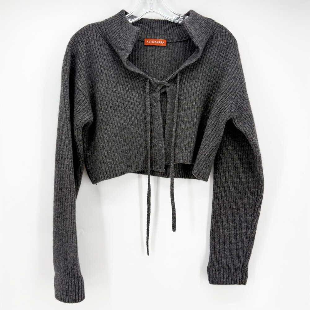 ALTUZARRA Cropped lace-up knitted cardigan knit sweater GRAY M - Picture 10 of 11